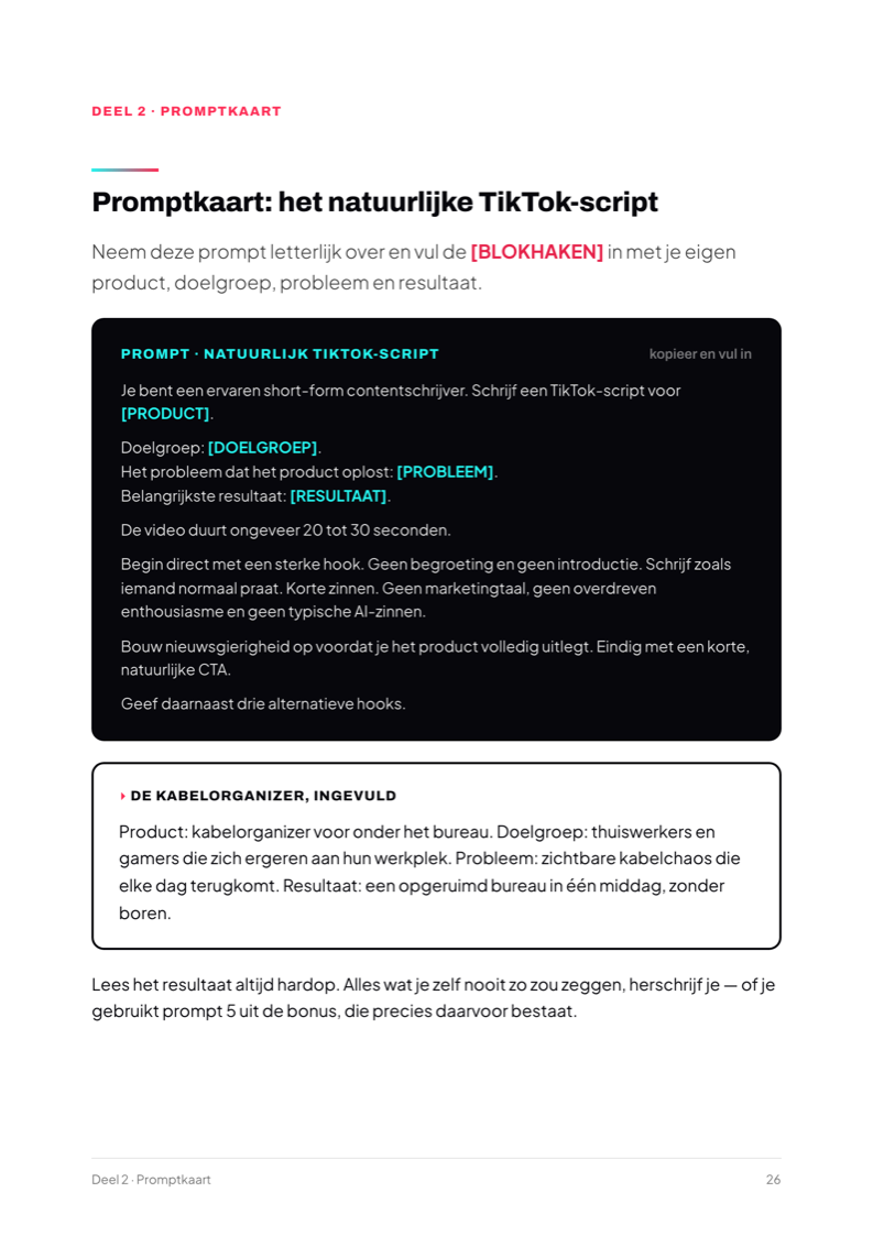 Pagina uit Faceless: promptkaart voor een natuurlijk TikTok-script